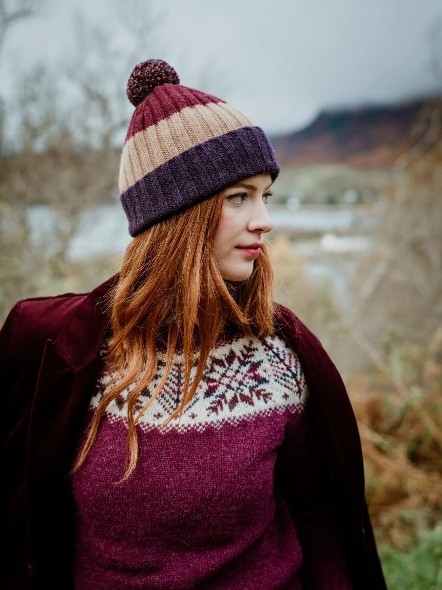 Auld Stock Lambswool Stripe Hat with Pom-Pom